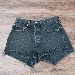 Levi's 501 Button Fly Shorts Womens Size 26 Black Denim Raw Hem Booty